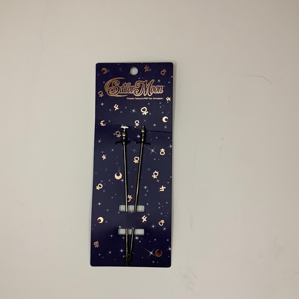 sailor moon merch, hair sticks, silver and black, still in packaging, metal,